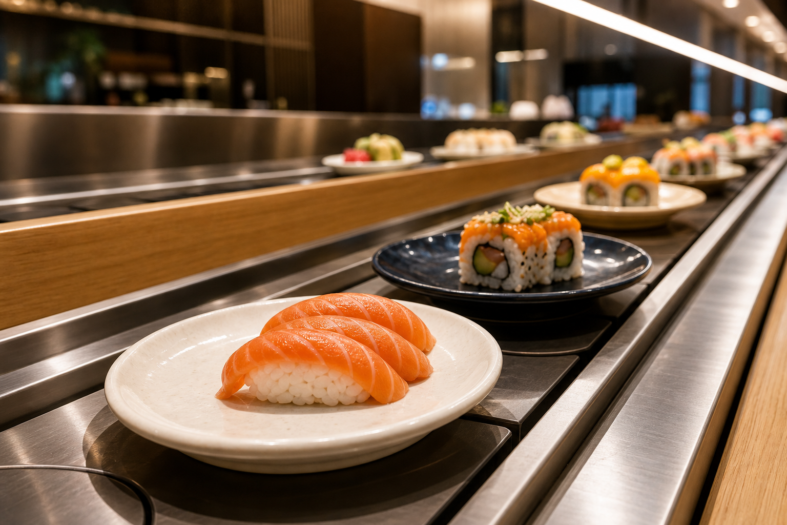 Salmon nigiri and colorful sushi plates moving along a restaurant conveyor belt